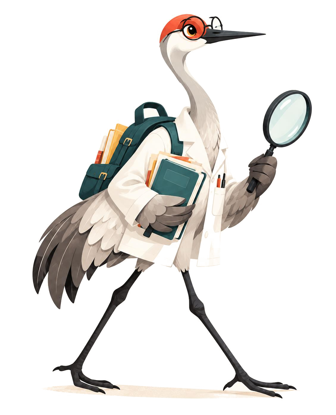 Keeboh the Krane exploring with a magnifying glass and research notebooks